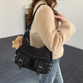 Black utility shoulder bag with white contrast stitching and brown bear pendant accessory - Black (with Pendant)