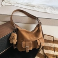 Retro brown large capacity tote bag with dual front pockets and dog charm accent - Brown (With Charm)