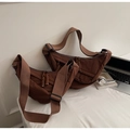 Brown nylon crossbody dumpling bags with puffy pleated texture and adjustable straps - L / Coffee