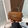 Minimalist brown leather small square handbag with silver metal buckle and shoulder strap - Brown