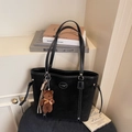 Black vintage tote bag with white contrast stitching and a cute plush bear charm - Black (With Charm)
