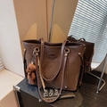 Dark coffee brown tote bag in matte leather with a cute plush bear charm accessory - Coffee (With Pendant)