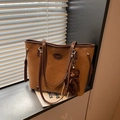 Brown suede tote bag with leather handles, white contrast stitching and bear charm - Brown (With Pendant)