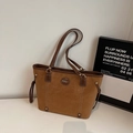 Caramel brown suede tote bag with contrast stitching and leather handles - Brown (Without Pendant)