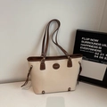 Minimalist beige and brown tote bag with slim shoulder straps and vintage logo tag - Off-white (No Pendant)