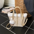 Sac seau rétro en peluche kaki avec garniture en fourrure et pompon blanc élégant - Avec Pendentif / Kaki