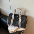 Dark grey denim Boston bag with colorful floral embroidery straps for shoulder or crossbody use - Black