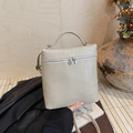 Creamy beige faux crocodile textured square handbag with top handle and silver zippers - Beige Grey