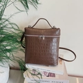 Dark brown crocodile pattern box bag with dual zippers and adjustable shoulder strap - Light Coffee