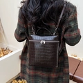 Dark brown crocodile pattern faux leather backpack with adjustable straps and top handle - Dark Coffee