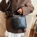 Minimalist black crocodile pattern handbag with silver hardware and detachable strap - Black