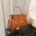 Vintage bruine leren crossbodytas met handvat en goudkleurige metalen sluiting - Bruin