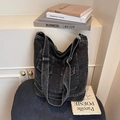 Retro gewassen denim shopper in antracietgrijs met contraststiksels en grote capaciteit - Zwart