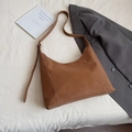 Brown leather tote bag with white contrast stitching and shoulder strap for daily wear - Brown No Pendant