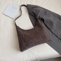 Dark coffee brown suede tote bag with white stitching and fashion text detail - Coffee without Pendant