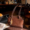 Retro brown color-block suede tote bag with leather straps and decorative bead pendant - Brown