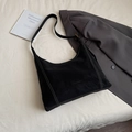 Large black suede hobo bag with white contrast stitching and minimalist shoulder strap - Black without Pendant