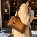 Vintage brown leather tote bag with suede texture and wooden bead tassel detail - Brown
