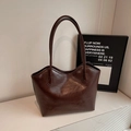 Dark brown high-gloss oil wax leather tote bag with long shoulder straps for daily use - No Pendant / Brown