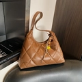 Deep brown quilted hobo bag in glossy PU leather with a yellow smiley charm - With Charm / Brown