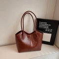 Dark brown oil wax leather tote bag with double shoulder straps and vertical stitching - No Pendant / Brown