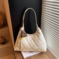 Elegant cream hobo shoulder bag with quilted diamond pattern and decorative charms - With Charm / White