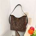 Fashionable leopard print tote bag with black leather strap and golden metal buckle - Leopard Black