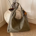 Minimalist grey-green hobo shoulder bag with a unique four-leaf clover wooden charm - With Charm / Green