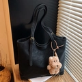 Large vintage black matte tote bag with adjustable straps and a cute plush bear pendant - Black with Pendant