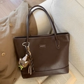 Dark brown tote bag with white contrast stitching and a cute bear keychain charm - Coffee With Pendant