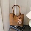 Vintage brown suede tote bag with adjustable straps and a cute plush bear charm - Brown with Pendant