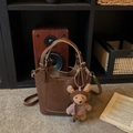 Deep brown vintage leather bucket bag with cute bear charm and adjustable shoulder strap - With Charm / Brown