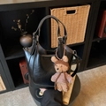 Black bucket bag in shiny PU leather with a cute brown plush bear charm and strap - With Charm / Black