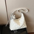 White quilted hobo shoulder bag with silver star pendant and diamond stitch pattern - White with Pendant