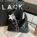Black quilted tote bag with silver star charms and metal chain strap in sleek finish - Black With Pendant