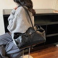 Glossy black leather large tote bag for women with fine texture and metal buckle - Black