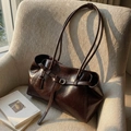 Vintage dark brown large tote bag in glossy oil-wax leather finish for women - Brown