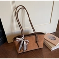 Brown suede textured tote bag with woven pattern and decorative black and white silk scarf - Brown