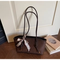 Deep coffee brown woven tote bag with slim shoulder straps and decorative silk scarf - Coffee