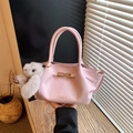 Pink pleated leather dumpling bag with gold lock and gray plush bear pendant - With Charm / Pink