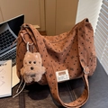 Brown corduroy tote bag featuring bow heart prints and cute plush puppy keychain - Brown with Pendant