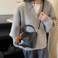 Retro black glossy bucket bag with brown bear charm and detachable shoulder strap - Black (With Charm)