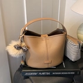 Camel leather bucket bag set with striped inner pouch and leopard print tassel charm - With Pendant / Khaki