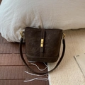 Vintage dark brown matte leather bucket bag with a stylish gold swivel lock - With Pendant / Brown