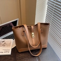 Brown lychee leather tote bag with gold lock for commuting and office use - Brown