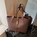 Minimalist dark brown lychee texture tote bag with golden metal buckle for women - Coffee
