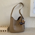 Vintage brown leather hobo bag with a cute dachshund charm and wide shoulder strap - With Charm / Khaki
