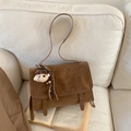 Vintage brown messenger bag in soft matte leather with cute plush ribbon charm - Brown with Pendant