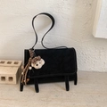 Vintage matte black tote bag with long strap and cute plush puppy charm accessory - Black with Pendant