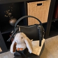 Black litchi grain cylinder handbag with cute bunny pendant and premium metal zipper - With Charm / Black